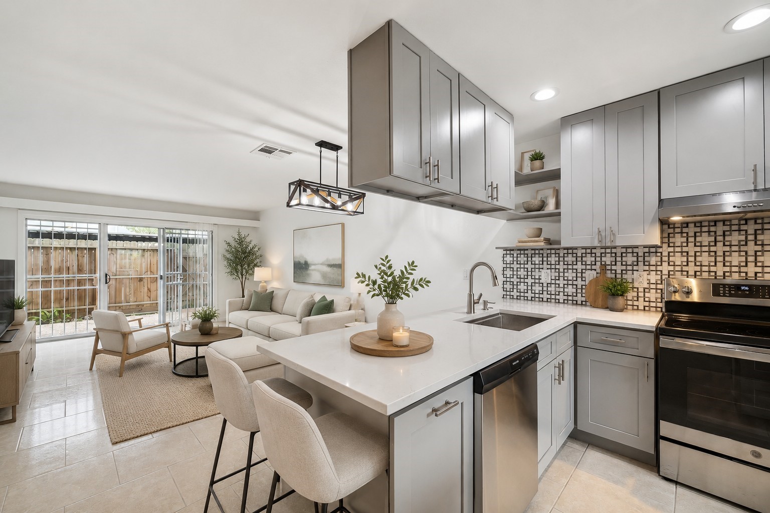 7821 Rue St Cyr Street, Unit 55 Houston, TX 77074 - Photo 1 of 16 Virtually staged open-concept kitchen and living area.