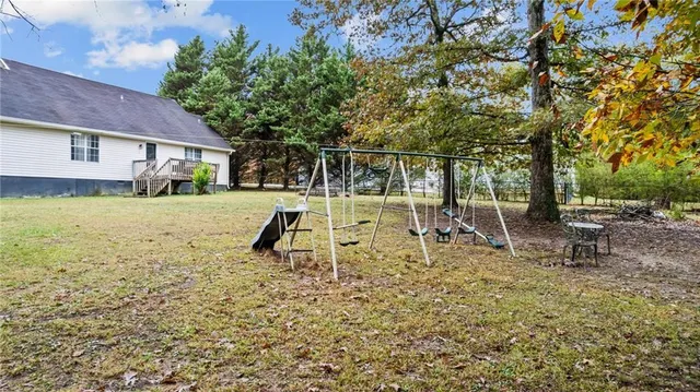 a garden view with a sitting space