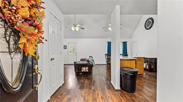 an entryway with a workspace