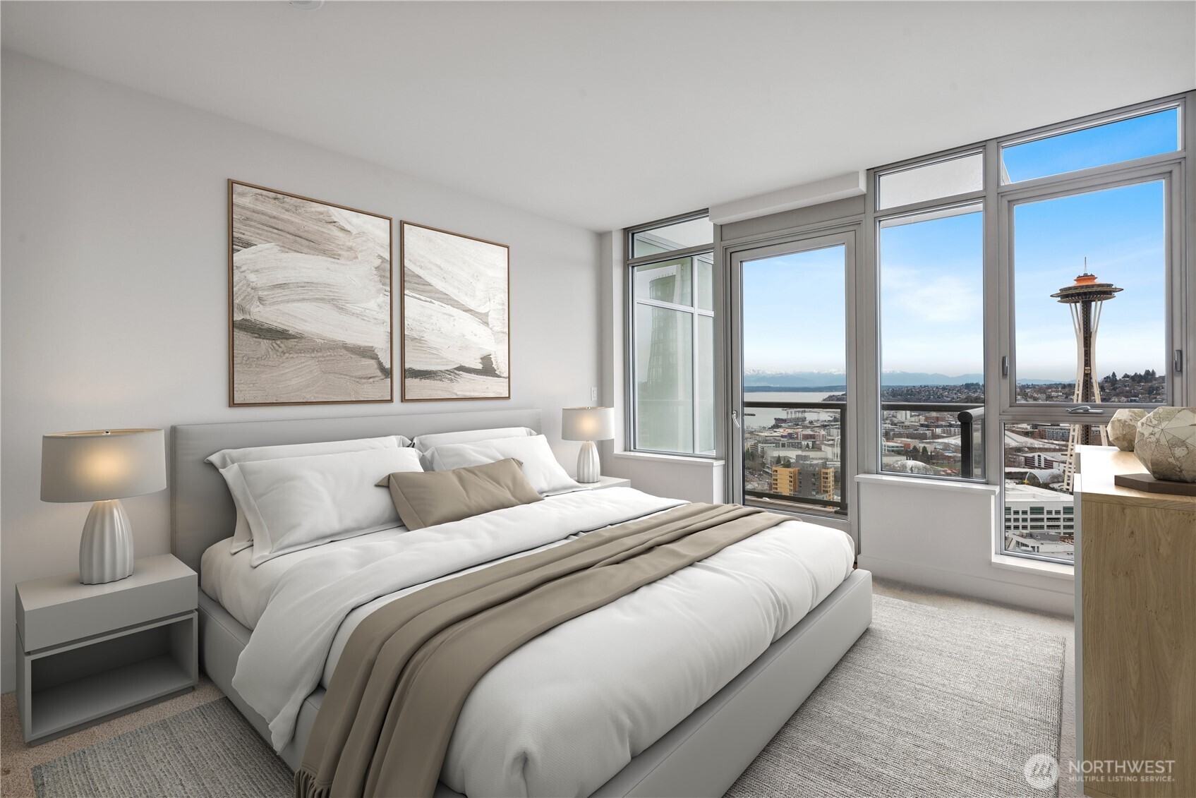 583 Battery Street, Unit 3103N Seattle, WA 98121 - Photo 5 of 39 a bedroom with a large bed and a large window