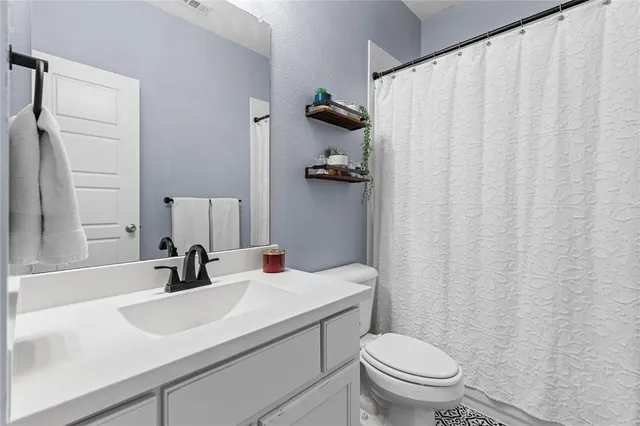 a bathroom with a sink a toilet and shower curtain