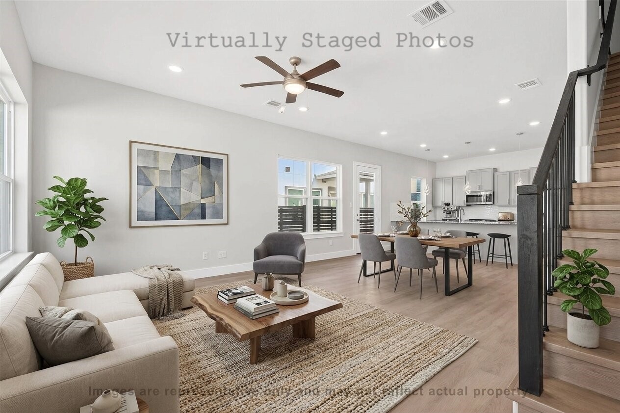 10719 Mason Road, Unit 26 Richmond, TX 77406 - Photo 4 of 50 Virtual Staging - Open-concept living and dining area features modern neutral furnishings, a textured woven rug, and seamless flow into a sleek gray kitchen