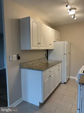 a kitchen with stainless steel appliances granite countertop a refrigerator a sink and white cabinets