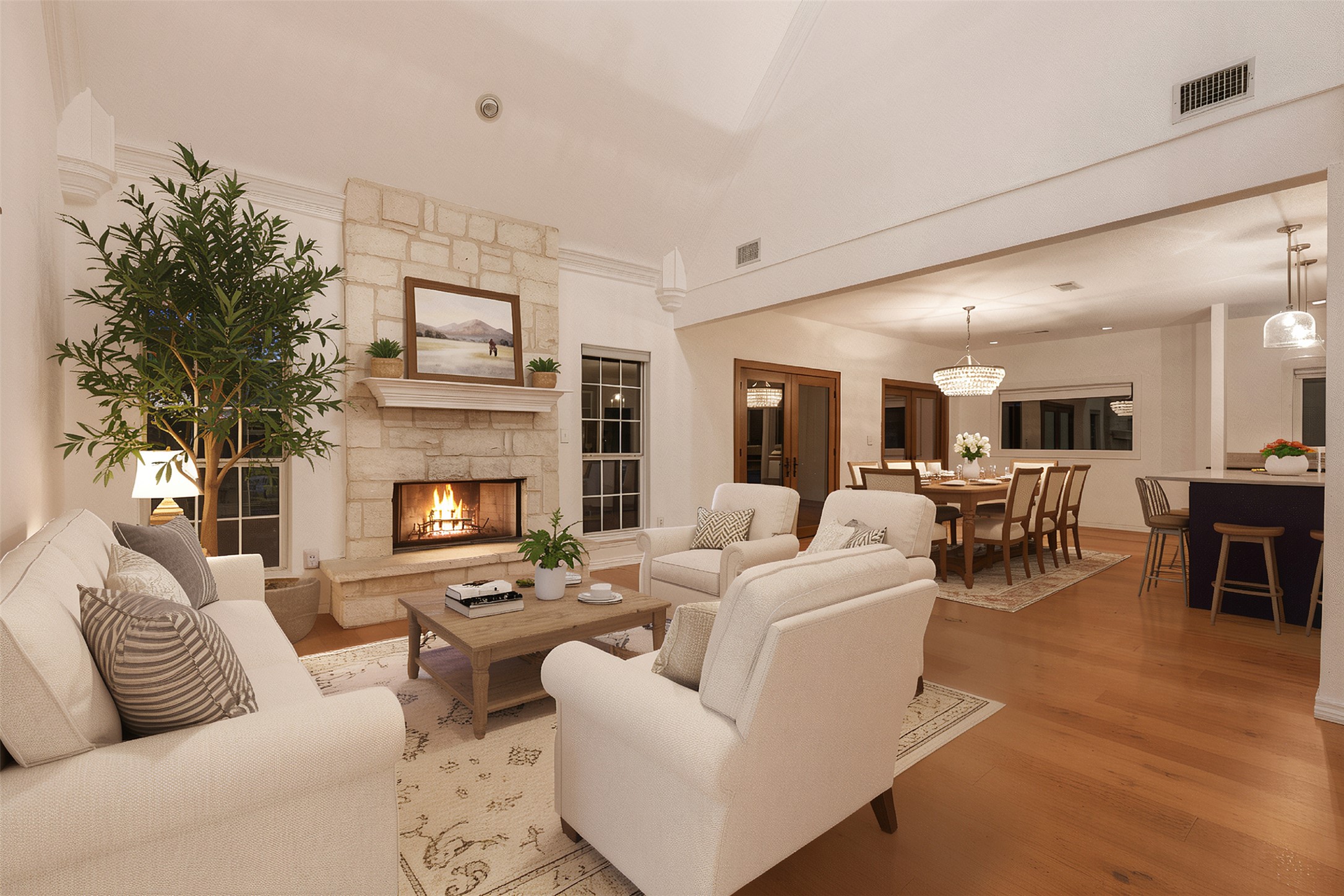 72 Crazy Cross Road Wimberley, TX 78676 - Photo 2 of 35 Virtually staged living room and dining room. A stone fireplace anchors the soaring living room featuring rich wood flooring and an open layout.