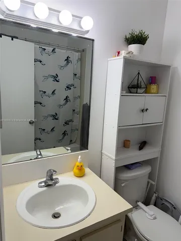 a bathroom with a sink a toilet and a mirror