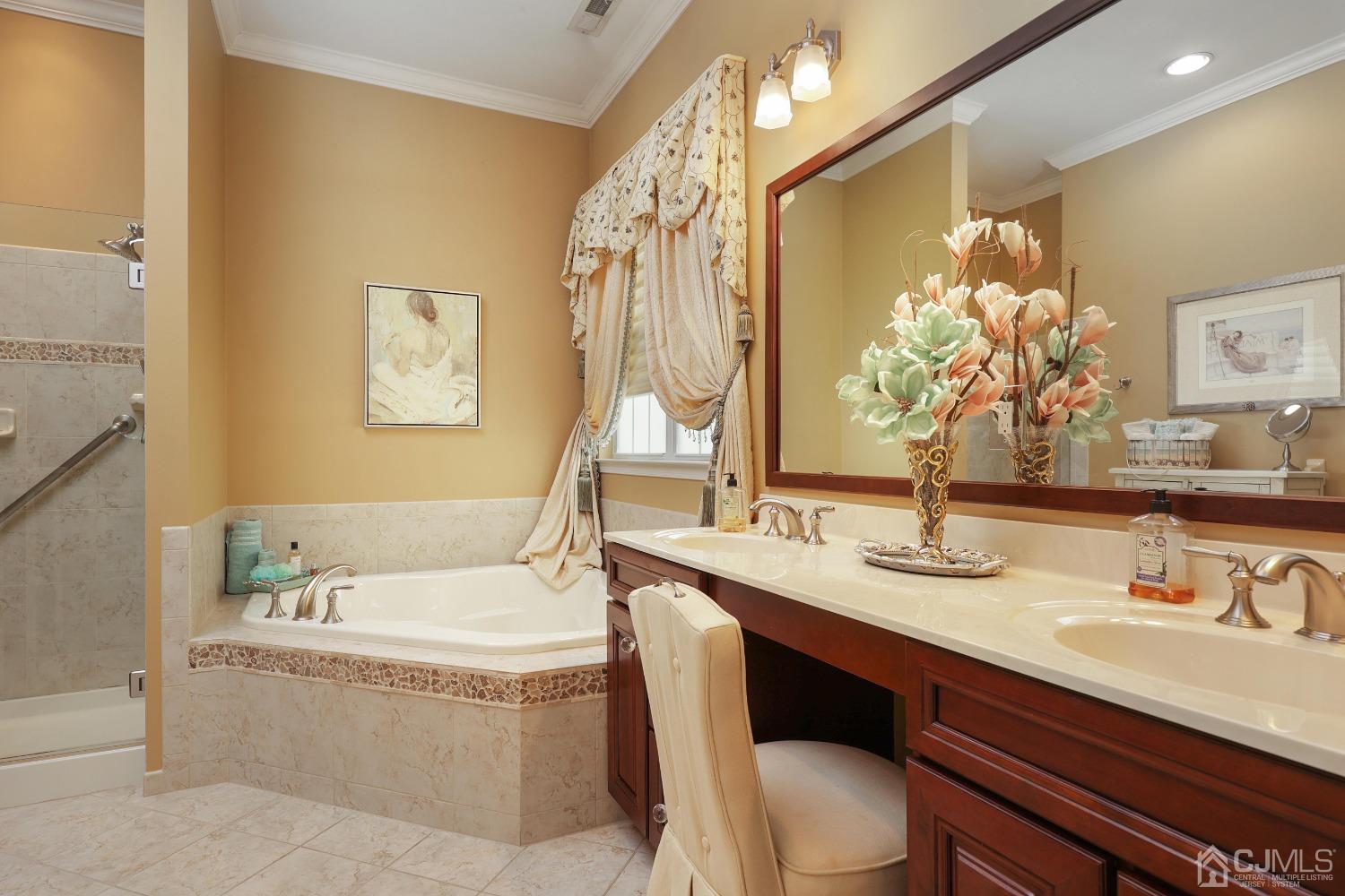 170 Tournament Drive Monroe Township, NJ 08831 - Photo 28 of 36 a bathroom with a granite countertop sink and a mirror