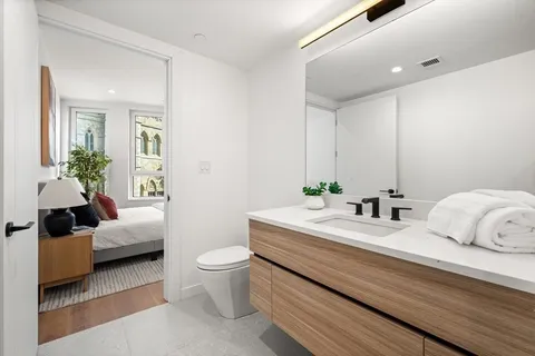 a en suite bathroom with a granite countertop tub and a potted plant