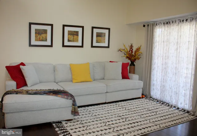 a living room with a couch and a potted plant