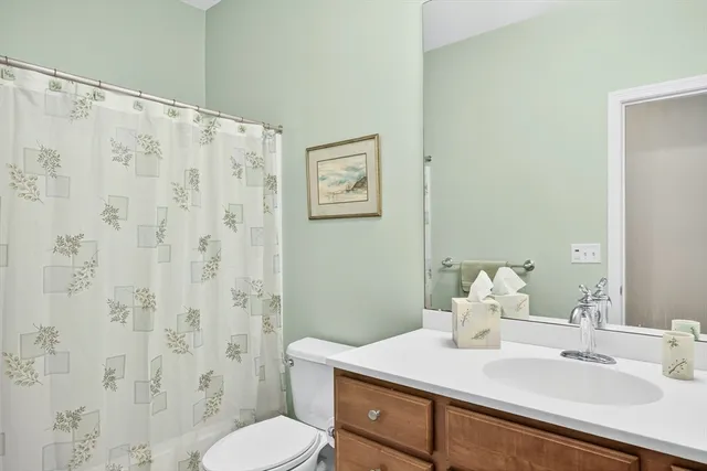 a bathroom with a sink mirror and toilet