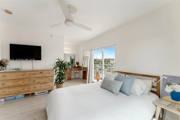 a bedroom with a bed and flat screen tv