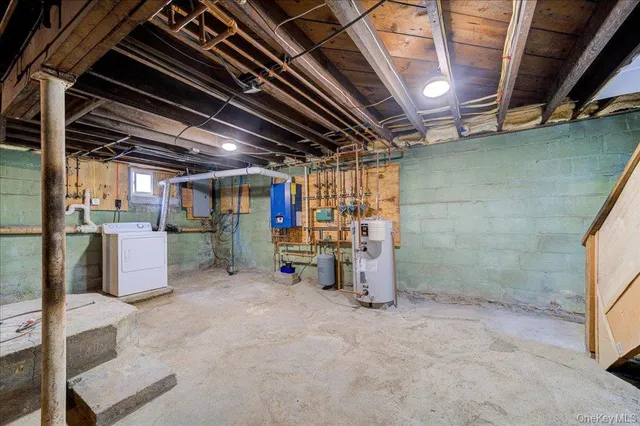 a view of a room with wooden shelves