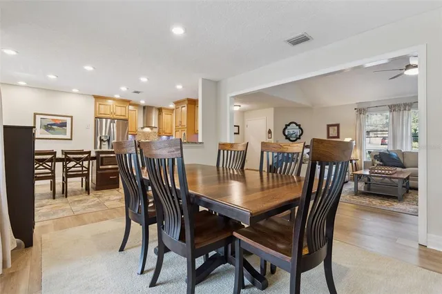 a view of a dining room with furniture