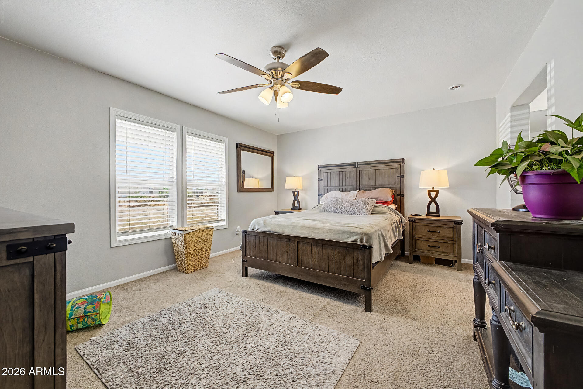 22417 West Dove Valley Road Wittmann, AZ 85361 - Photo 19 of 53 a bedroom with a bed a chandelier and a rug