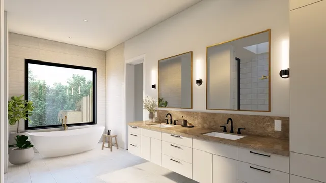 a bathroom with a granite countertop tub sink and mirror
