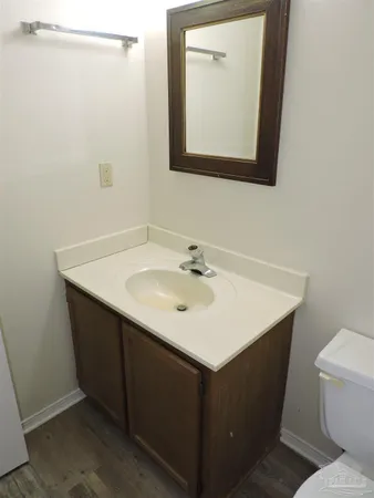 a bathroom with a sink vanity and a toilet