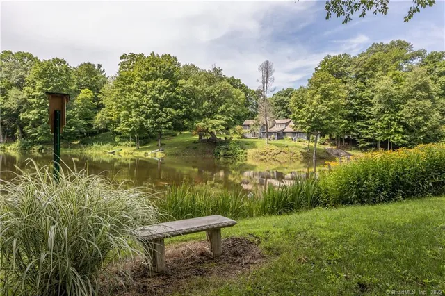 a view of a lake with a yard and large trees