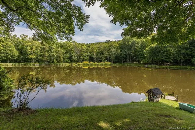 a view of a lake with a yard and large trees