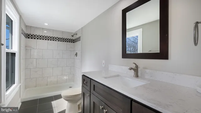 a bathroom with a sink a toilet a mirror and shower