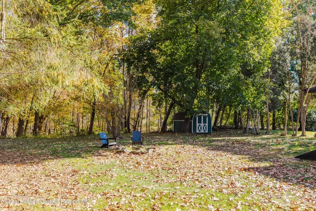 a view of a backyard with large trees
