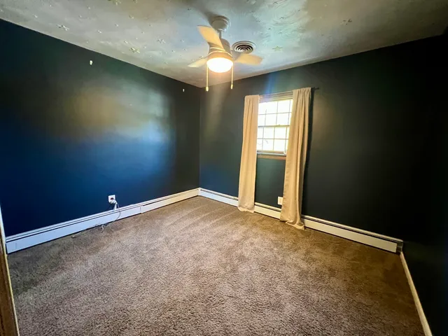 a backyard of a house with plants and large trees