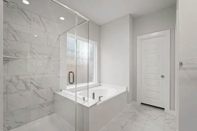 a bathroom with a bathtub and a shower