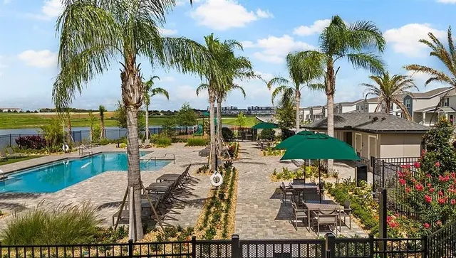 an aerial view of a house with swimming pool