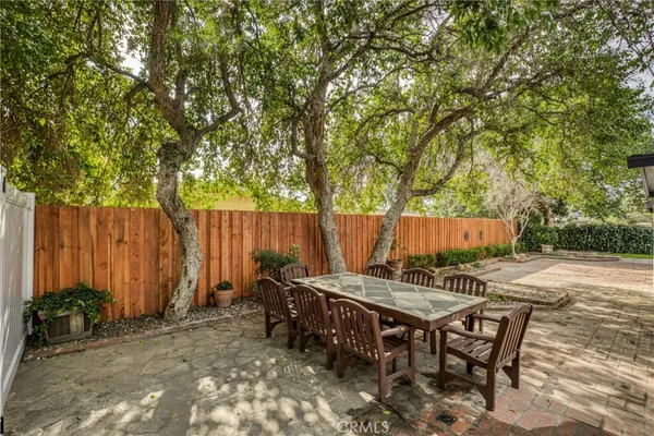 a backyard of a house with table and chairs