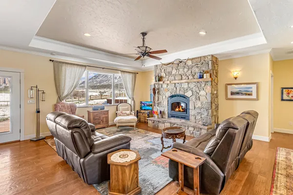 a living room with furniture a fireplace and a chandelier