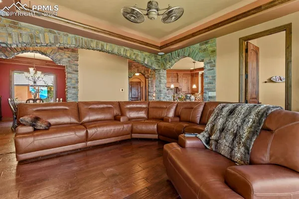 a large living room with a couch