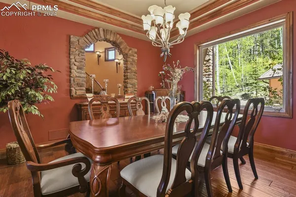 a view of a dining room with furniture window and outside view