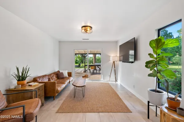 a living room with furniture potted plant and a window