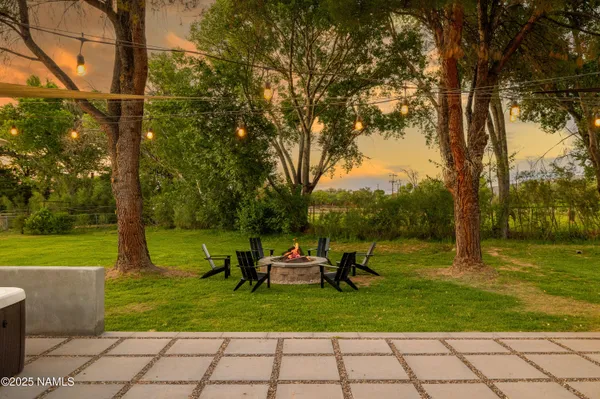 a garden view with a seating space