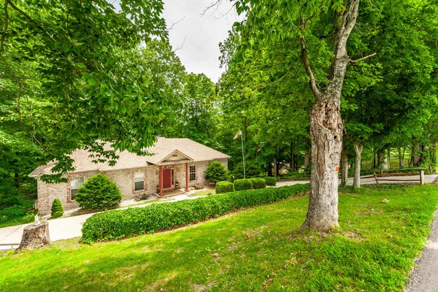 a backyard of a house with large trees