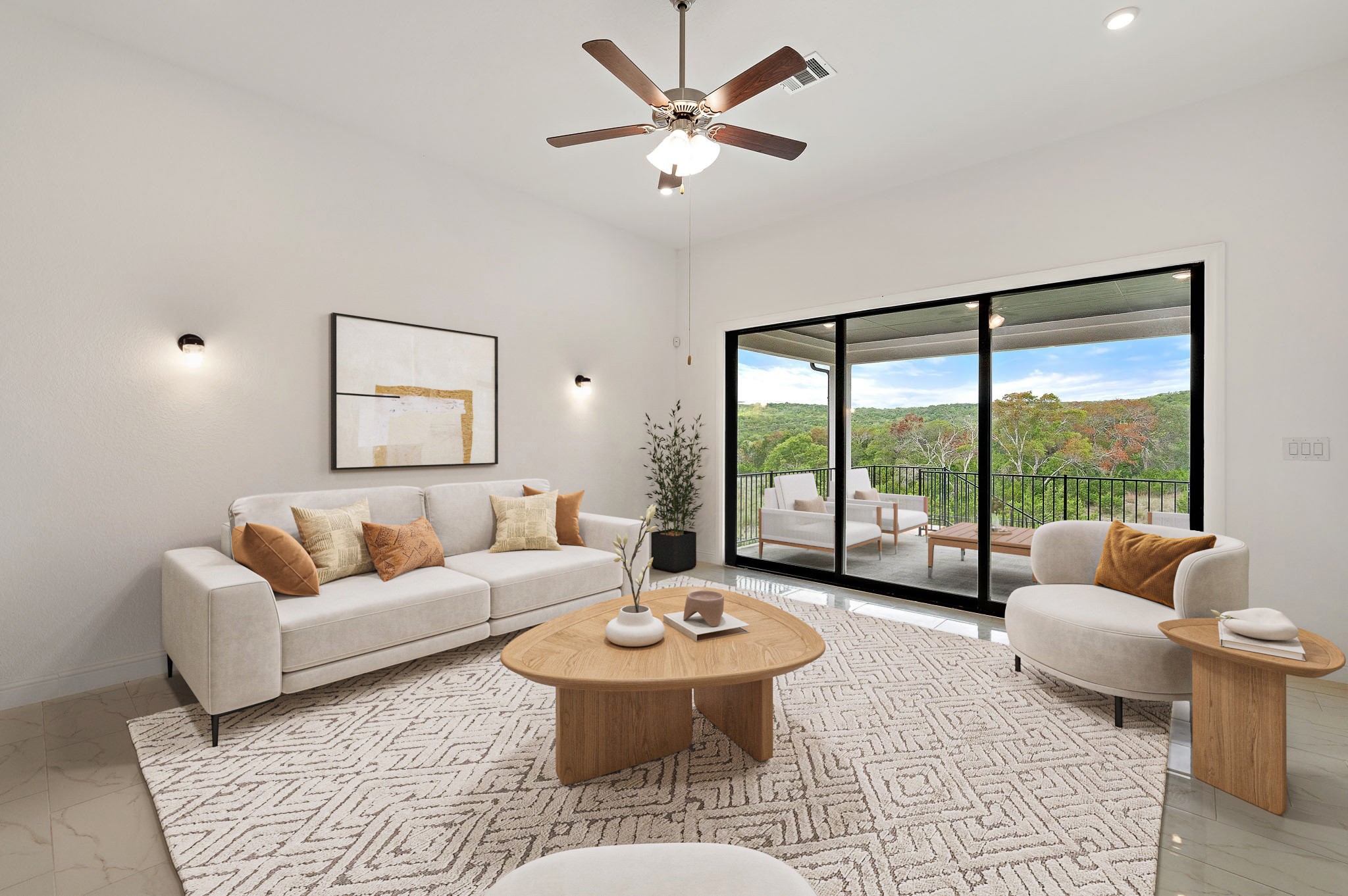 1045 Villa Rialto View Leander, TX 78641 - Photo 5 of 40 Living room with light marble finish flooring and ceiling fan