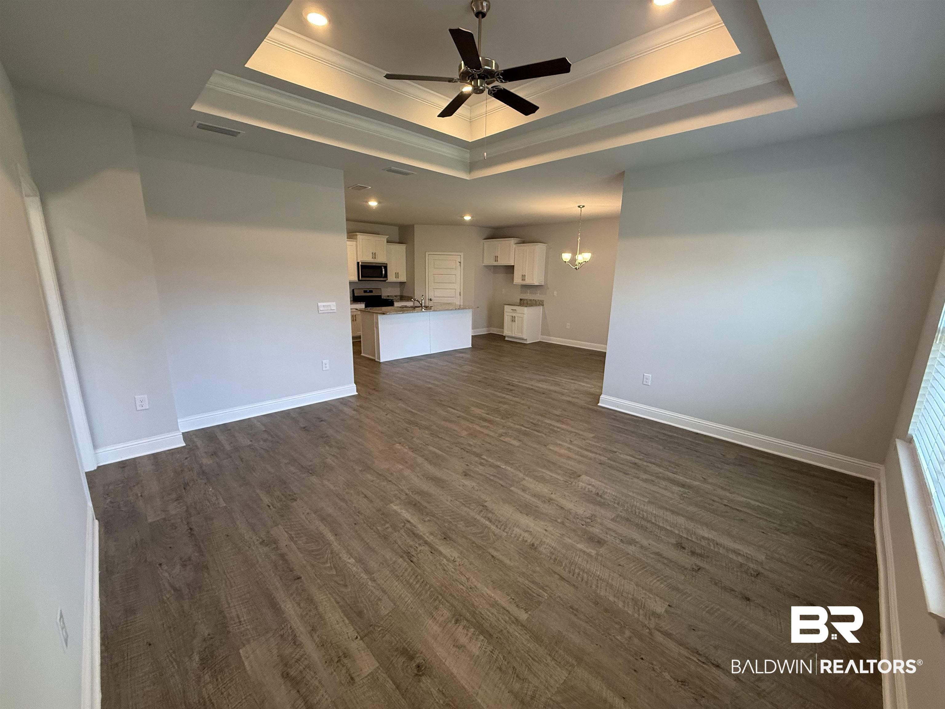 23247 Lieutenant Avenue Foley, AL 36535 - Photo 25 of 47 Spacious interior with wood-finish flooring, a tray ceiling with crown molding and recessed lighting, and a contemporary ceiling fan