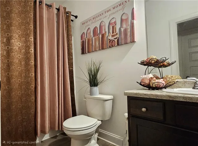a bathroom with a toilet a sink and shower curtain
