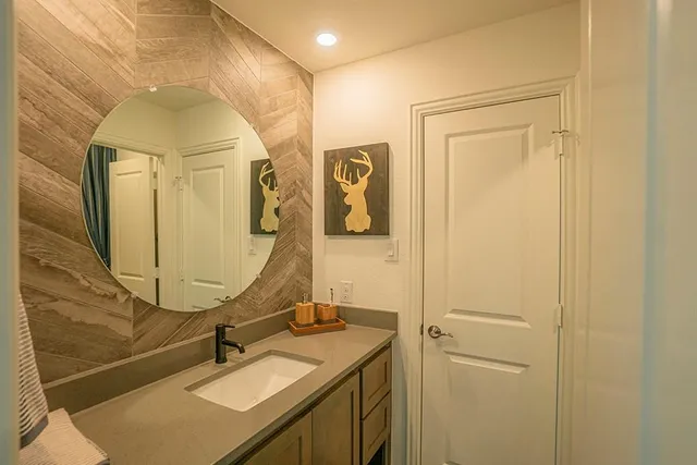 a bathroom with a sink and a mirror