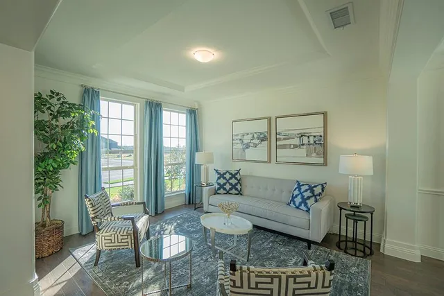 a living room with furniture and a potted plant
