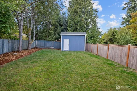 a view of a backyard with large trees and wooden fence