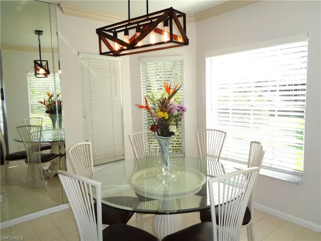 a view of a dining room with furniture window and outside view