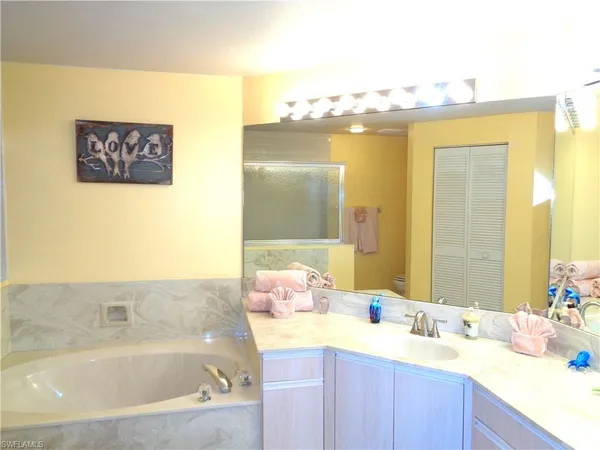 a bathroom with a bathtub sink and mirror