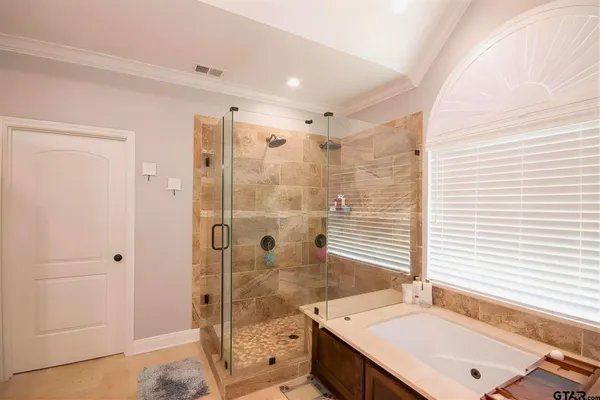 a bathroom with a granite countertop sink a mirror and shower