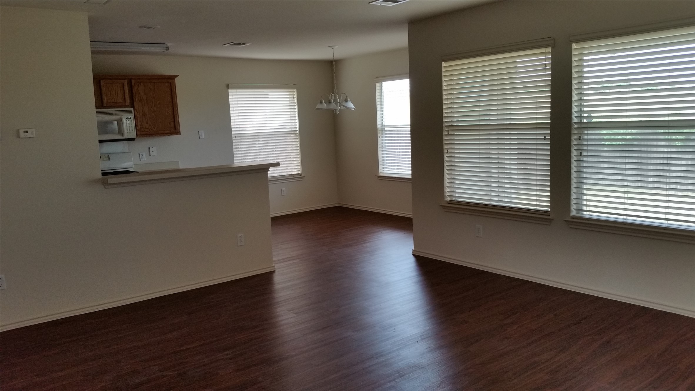 1324 Peppermint Trail Pflugerville, TX 78660 - Photo 11 of 33 Unfurnished living room with dark wood finished floors and suspended lighting