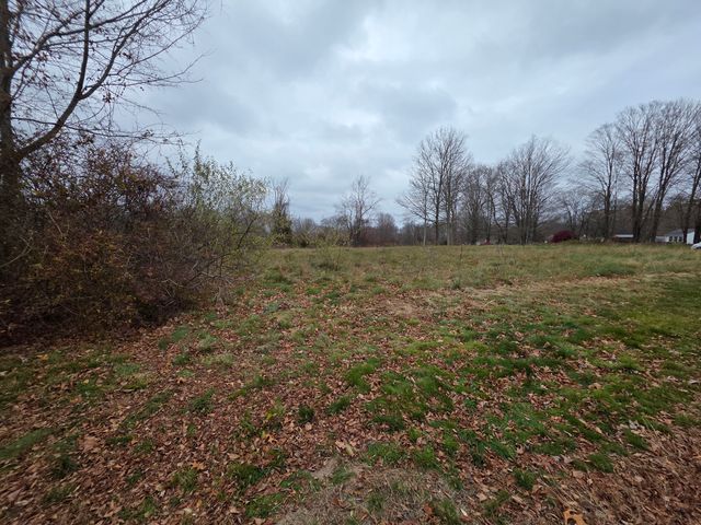 a view of a field with trees around in back