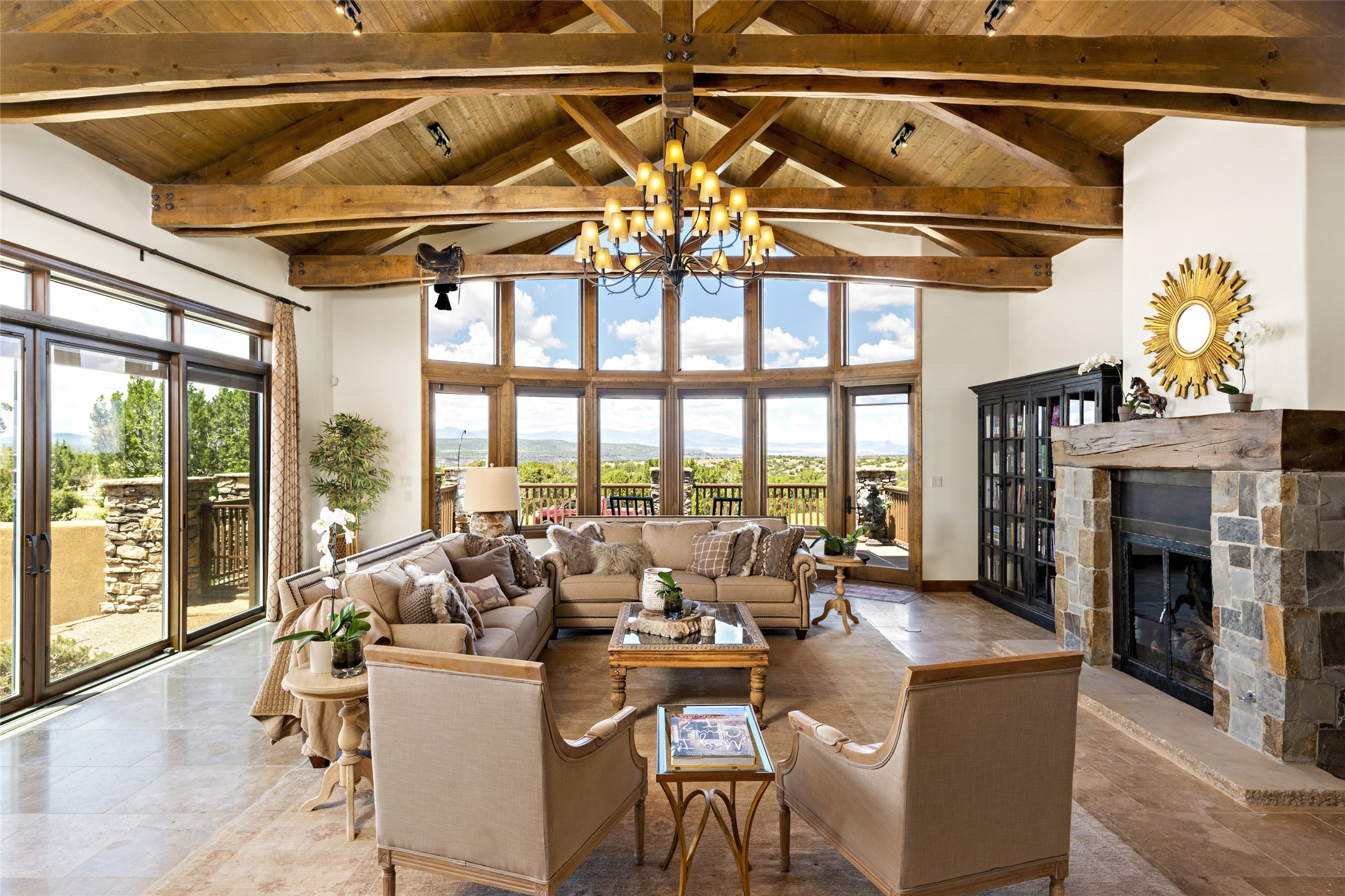 Living Room with Tile Floors, Large Hearth and Picture Windows