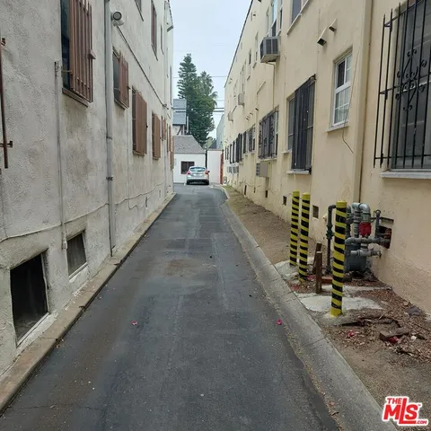 a view of a street with building