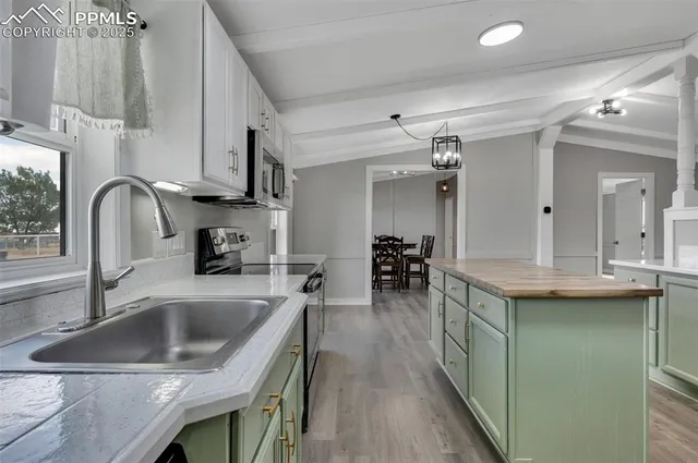 a kitchen with a sink a counter top space and stainless steel appliances
