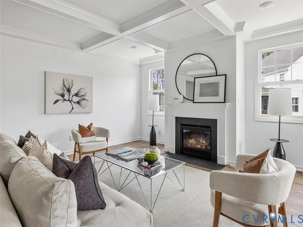 a living room with furniture a fireplace and a potted plant