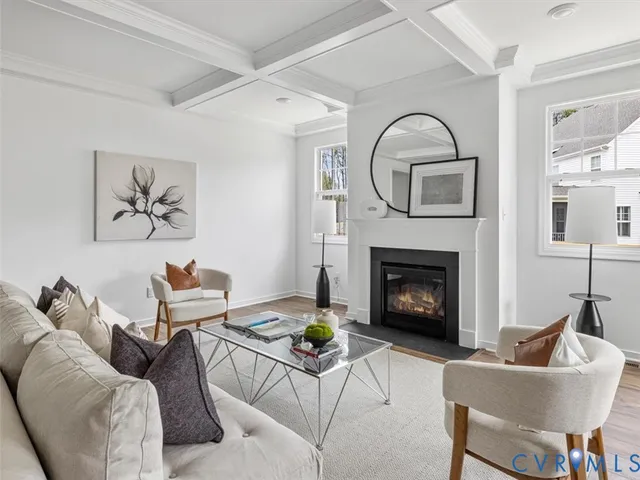 a living room with furniture a fireplace and a potted plant