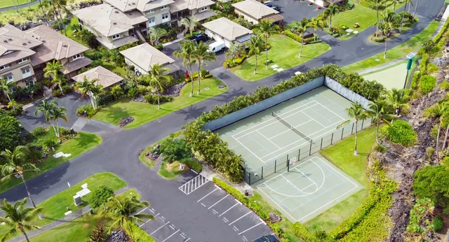 an aerial view of a house with a yard and potted plants